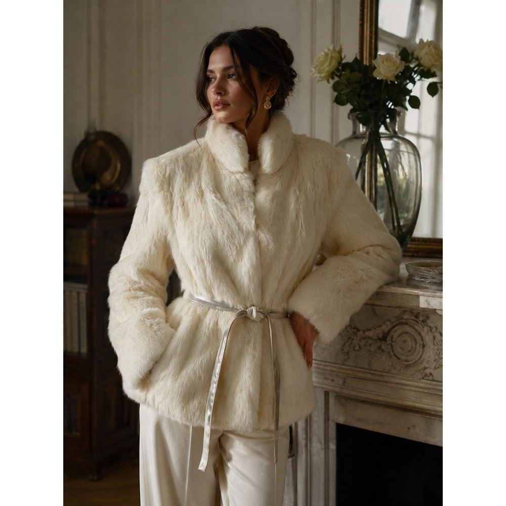 Vintage Rabbit Fur Jacket Cream Belted Fur Coat Old Money Glamour S